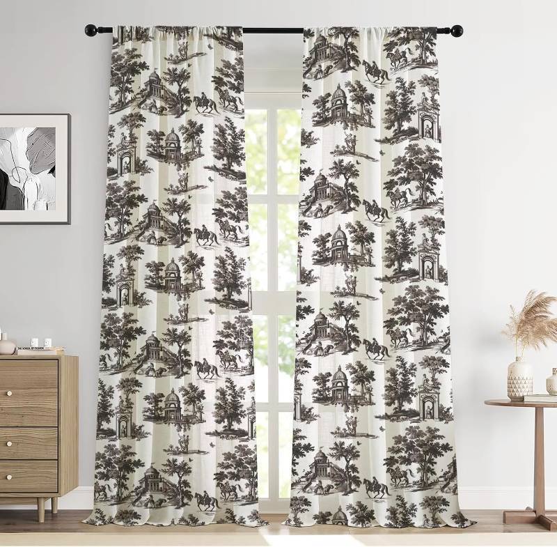 lot 78269 image: LOVOUS Vintage Black Curtains 63 Inch Length Linen Toile de Jouy