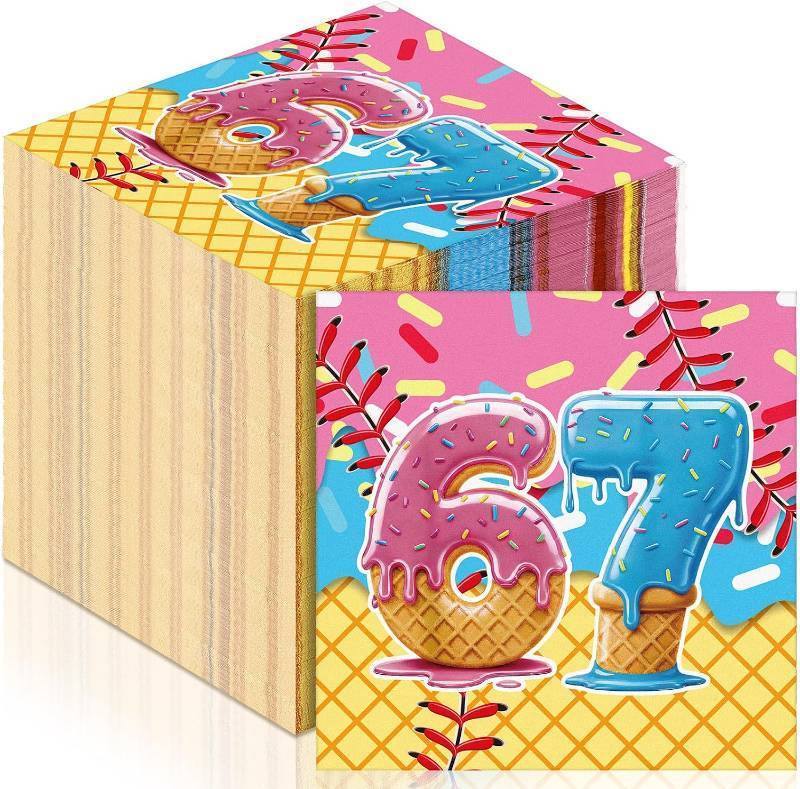 lot 78305 image: 100 Pcs 67 Ice Cream Baseball Napkins Disposable, 6.5 Inch Party