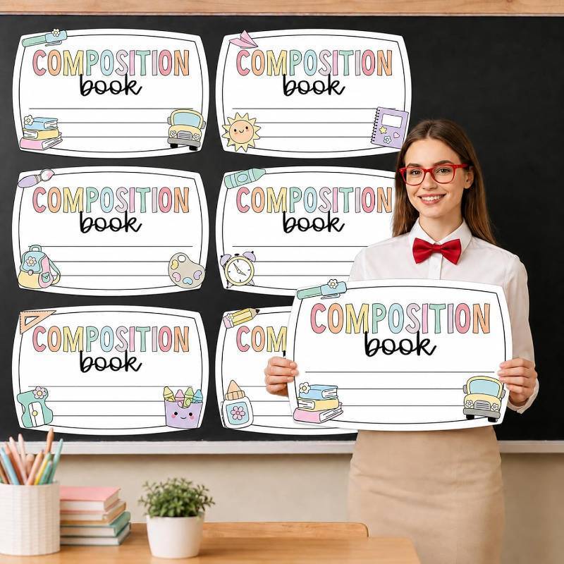lot 78336 image: 6Pcs Pastel Composition Book Bulletin Board Decoration Paper Notebook Classroom Labels Names Tags Large Desk Name Plates 23.6 x 15.7 Inch Trim for School Wall Door Teacher Supplies