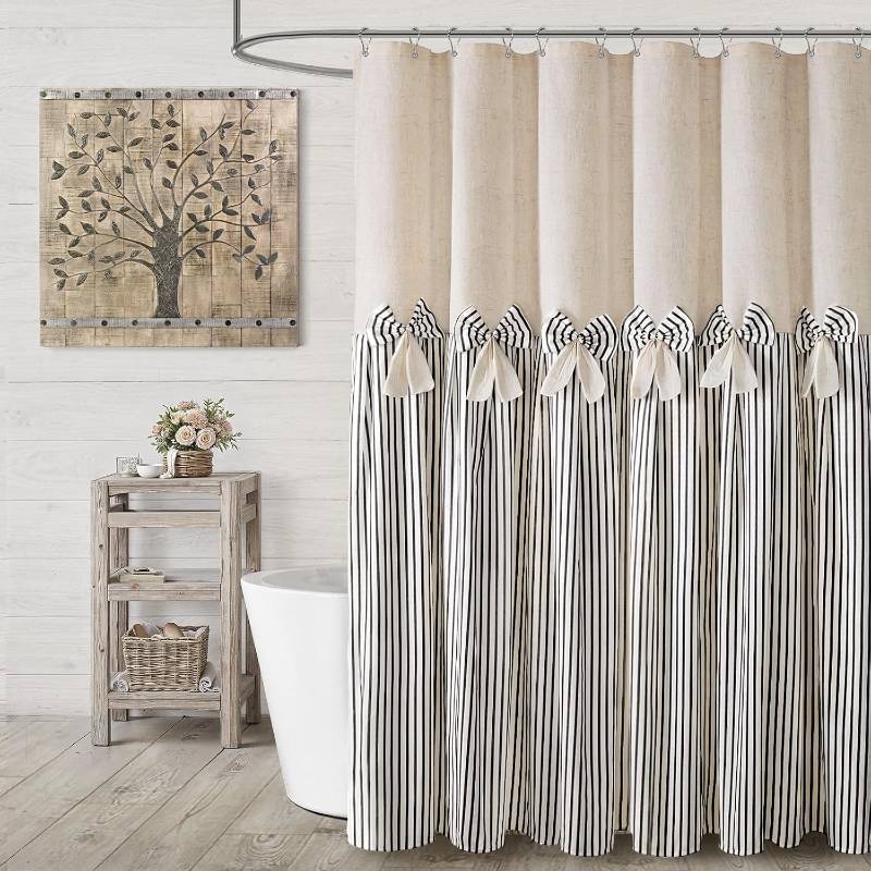 lot 78576 image: Farmhouse Shower Curtain Linen Bow Pleated Black Stripe 72W x 72L