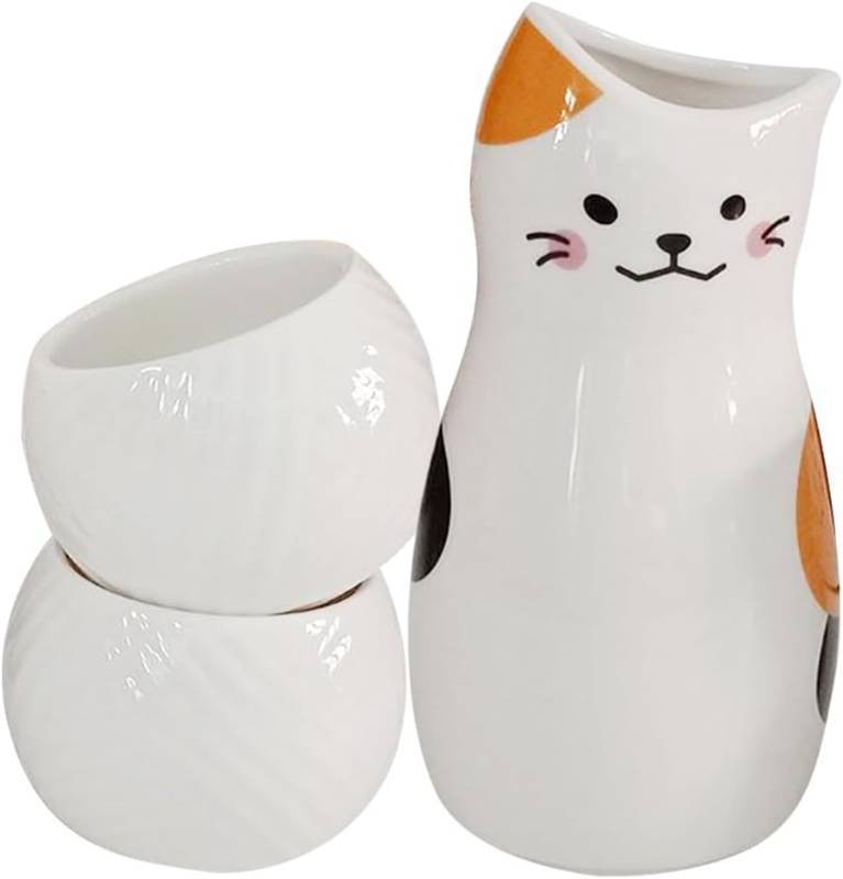 lot 78679 image: ABOOFAN Japanese Sake Set 3pcs Ceramic Sake Carafe with 2 Small Cups   Narrow-Neck Pouring Design for Easy Serving, Retro Animal Style for Home Use, Gifting for Cat Lovers and Women
