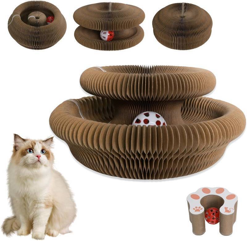 lot 78718 image: Cat Scratcher Board Foldable with Bell Ball, Interactive Mental Physical Exercise for Indoor Cats Toy, 3-in-1 Magic Organ Cat Toy Protects Furniture, Corrugated Cardboard Scratching Pad
