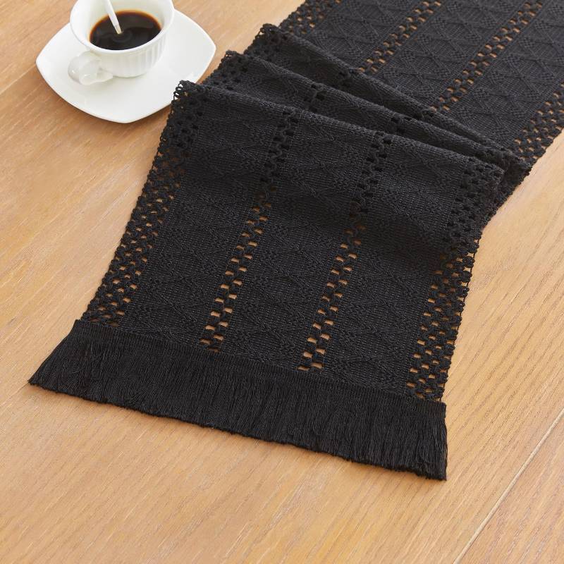 lot 78795 image: YATOJUZI Black Table Runner Pure Black Boho Table Runners with Tassels Seasonal Long Table Runner Rustic Farmhouse Table Runners for Halloween Dining Bedroom Kitchen Decor 12x71 Inches