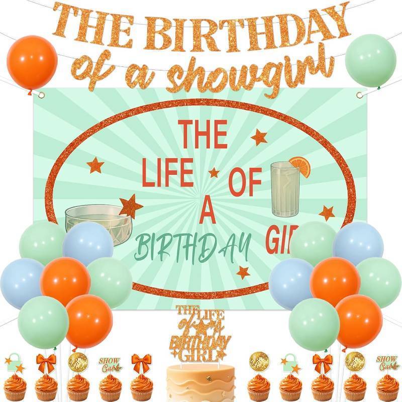 lot 78854 image: Showgirl Birthday Decorations The Life of A Birthday Girl Backdrop Glitter Showgirl Theme Banner Cake and Cupcake Toppers with Balloons Kit for Women Girls Bday Party Supplies