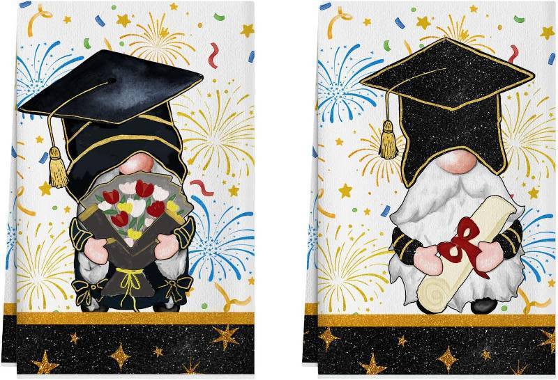 lot 78872 image: XCHI Gnome Congrats Grad Cap Firework Graduation Dish Towels 18x26 Inch Home Kitchen Decorations Hand Towels Set of 2 Drying Dishcloth