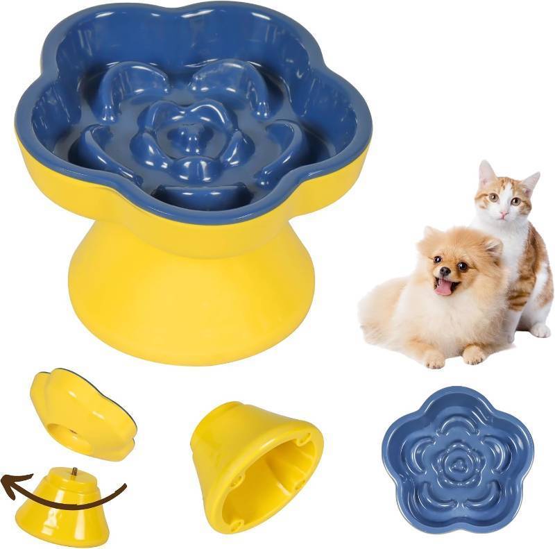 lot 8336 image: Detachable Slow Feeder Cat Bowl, Unbreakable Elevated Cat Bowls - Heavy Weighted, Non-Slip Raised Slow Feeder, Tilted Small Dogs Slow Feeders Bowl, Dry & Wet Food, Whisker Friendly (Blue, 5.8