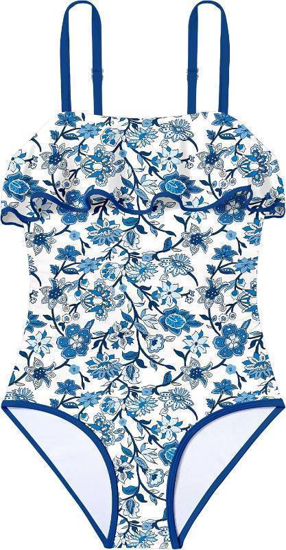lot 26677 image: Girls Swimsuit One Piece Swimsuits Ruffle Solid Color Bathing Suit for Teens Contrast Trim Swimwear Size 15-16Y with Padded