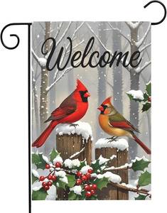 lot 35116 image: Christmas Cardinal Bird Garden Flag 12x18 Inch Welcome Winter Leaves Red Holly Yard Flags for Outside Holiday Theme Decor Seasonal Outdoor Farmhouse Porch New Year Decoration