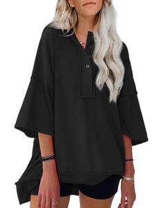 lot 8834 image: AlvaQ Short Sleeve Sweatshirt for Women Trendy 2025 Summer Casual Loose Oversized Shirts Button Henley V Neck Tunic Tops Pullover Shirts Black Small