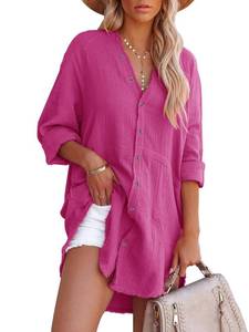 lot 8838 image: siliteelon Womens Button Down Tunic with Pockets Cotton Gauze Button Up Shirt Dress Long Sleeve V Neck Frayed Blouse Tops - Brown XS