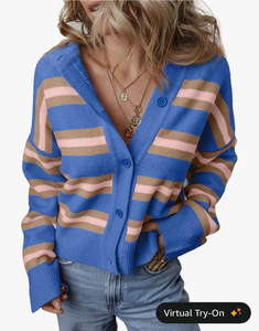 lot 8977 image: EVALESS Womens Striped Cardigan Sweaters Trendy Lightweight Chunky Knit Cropped Sweaters Outfits Outerwear Coats-L pinktan