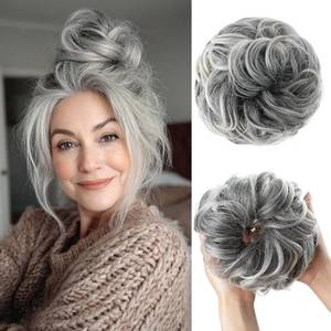 lot 10522 image: CJL HAIR Large Messy Bun Hair Piece Wavy Curly Scrunchies Synthetic Chignon Ponytail Hair Extensions Thick Updo Hairpieces for Women Salt and Pepper