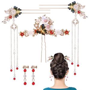 lot 10531 image: 5 Pcs Butterfly Chinese Tassel Hair Stick, Flowers Tassel Hair Pins Set, Alloy Hair Sticks Pins, Peony Flower Crystal Pearl Hanfu Hair Pins, Classical Floral Wedding Headpiece for Women Girls
