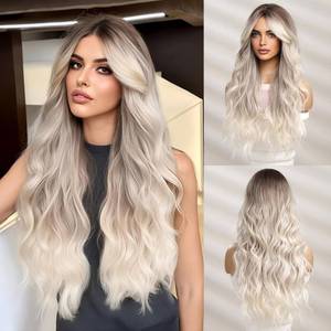 lot 10541 image: OMELPIS Long Ombre Brown Ash Blonde Wavy Wig with Bangs for Women Natural Butterfly Haircut Gray Ash Platinum Dark Roots Layered Wavy Synthetic Wigs Curtain Bangs Curly Hair Daily Party Dating 26In