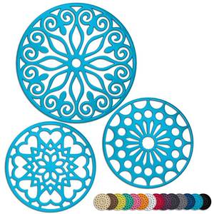 lot 10551 image: 3 Set Silicone Trivet Mats with 1 Extra Large Included  Intricately Carved Insulated Flexible Durable Non Slip Thick Round Premium Trivets for Hot pots and Pans  Dark Gray