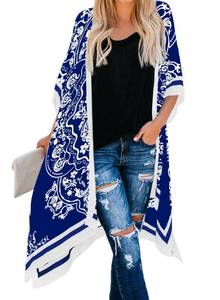 lot 10563 image: Dokotoo Womens Plus Size Summer Beach Long Boho Chiffon Floral Print Bathing Suit Swim Suit Bikini Kimonos Swimwear Swimsuit Cover Up Cardigans Loose Fit blue