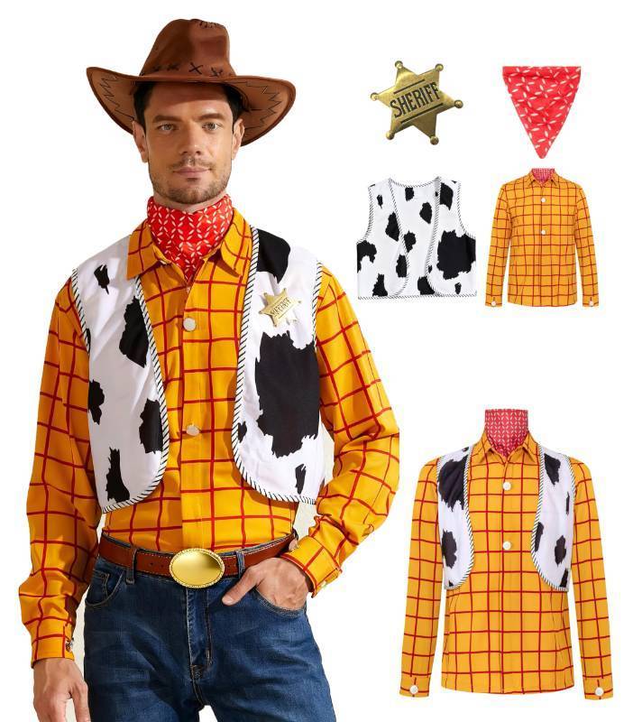 lot 10211 image: xianhsuxo Mens Western Cowboy Sheriff Costume Button Down Adults Fancy Striped Shirt Kit (Yellow, M)no hat