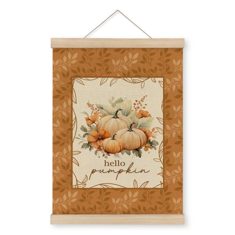 lot 10320 image: MAQIKA Hello Pumpkin Poster Framed with Wood Hanger, Vintage Fall Wall Art, Pumpkin Hanging Wall Decor, Fall Leaves Wall Decor, Autumn Harvest Canvas Wall Art Prints for Bedroom 12x16 inch