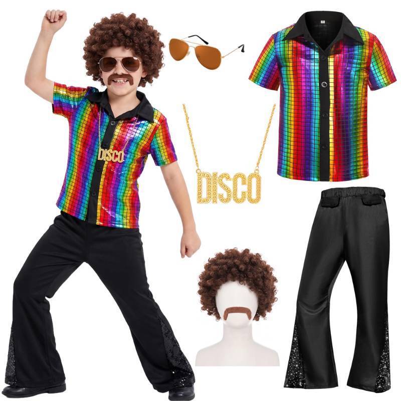 lot 10325 image: Bordazor Kids Disco Costume Sequins Shirts for Boys 6PCS Kids 60s 70s Disco Costume for Halloween Party Dress Up