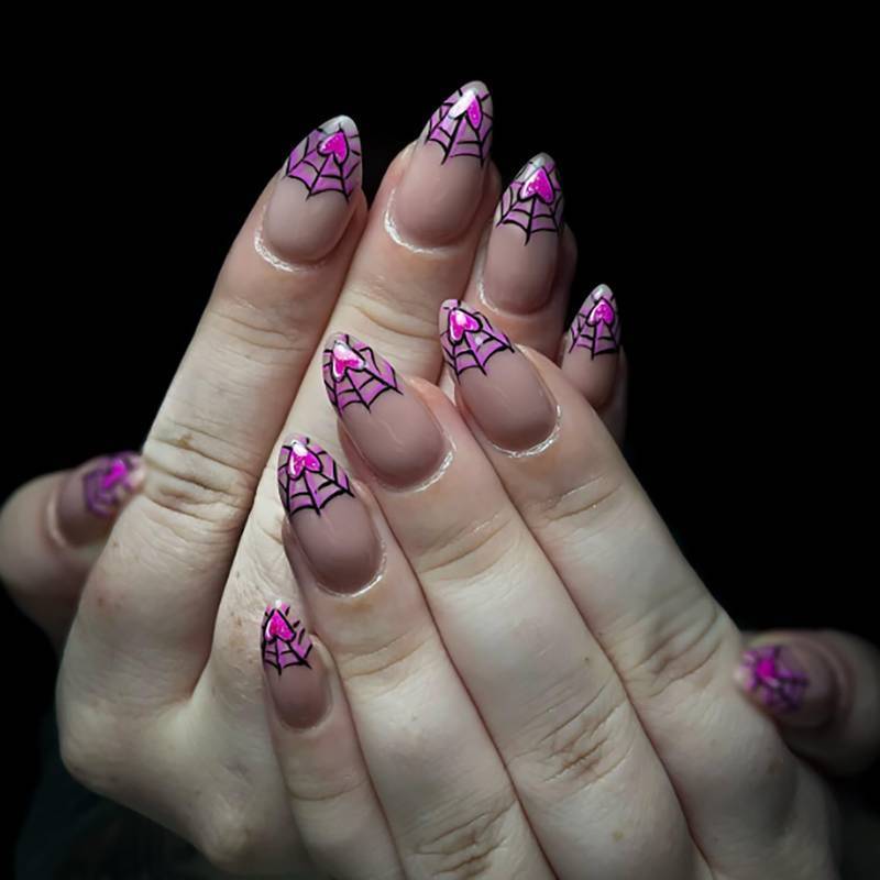 lot 60279 image: 24 Pcs French Tip Press on Nails Medium Length Fake Nails Almond Halloween Nails with Pink Cobwebs and Semi-Transparent Designs Full Cover Nude Stick on Nails for Women and Girls RIICFDD Nails