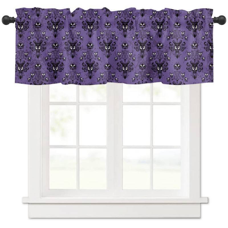 lot 60288 image: BestLives Halloween Curtain Valance for Windows Haunted Mansion Ghost Purple Rod Pocket Valance Window Treatments 1 Panel Short Curtains for Kitchen Windows Bathroom 54 x 18 inch