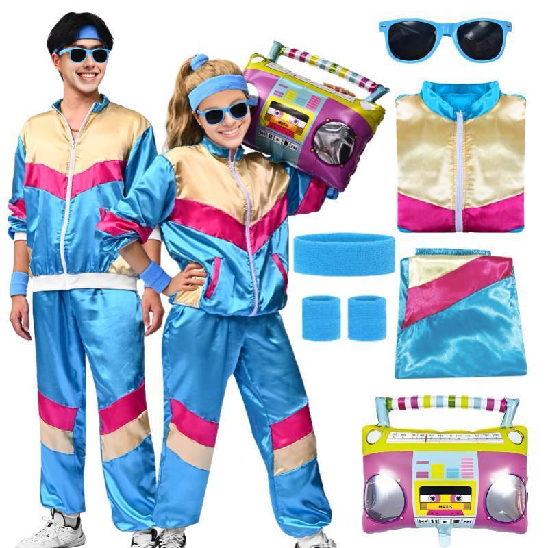 lot 10289 image: Forfamy 80s Tracksuit Costume Men Women, 90s Retro Hip-Hop Costume Jacket Shell Windbreaker Sportswear Party Dress Sweatband (Blue-y, Small)