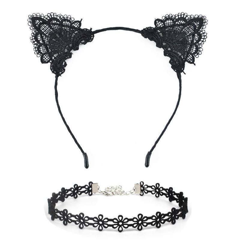 lot 10330 image: Ferenu 2PCS Black Lace Cat Ear Headband & Collar for Womens Fashion, Hair Accessories, Party Gift, Hairband, Headwear, Cosplay, Fancy Dress
