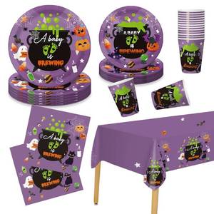 lot 10353 image: Halloween A Baby is Brewing Baby Shower Party Decorations Set Serves 25, Halloween A Baby is Brewing Baby Shower Plates and Cups, Halloween Baby Shower Gender Reveal Party Supplies