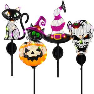 lot 10358 image: Sosation 4 Pcs Solar Halloween Metal Stakes LED Pumpkin Cat Skull,Stylish