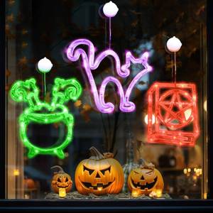 lot 10362 image: Halloween Window Decorations 3 Pack Cat Cauldron and Spellbook Lights with Suction Cup - Purple Orange Battery Operated Decor