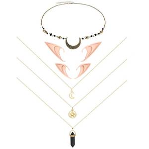 lot 10363 image: Inbagi 4 Pcs Cosplay Fairy Ears for Women Include 2 Pairs Fairy Pixie Elf Ears Crystal Head Chain Moon Head Chain Bohemian Moon Star Necklace for Girls Cosplay Costume Witches Accessory (Bronze Black)