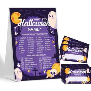 lot 10365 image: Whats Your Halloween Name Game, 1 Halloween Theme Sign and 30 Name Tag Stickers, Halloween Games and Activities, Birthday Game for Boys Girls and Adult Parties, Activity Decoration Supplies-LD8