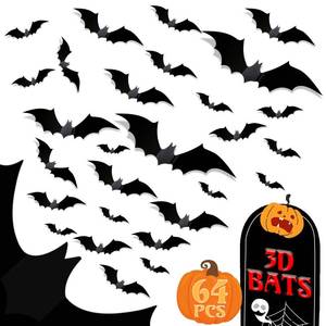 lot 110420 image: Halloween Bats Wall Decor - 64pcs Realistic PVC 3D Scary Black Bat Stickers for IndoorOutdoor Creepy Home Decor DIY Wall Bathroom Window Door Decal