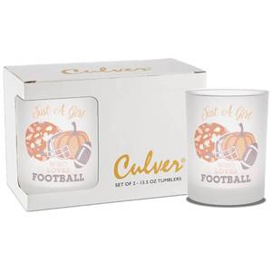 lot 110426 image: Culver Decorated Frosted DOF Double Old Fashioned Glass, 13.5-Ounce, Gift Boxed Set of 2 (Fall Girl Pumpkin Football)