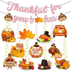 lot 110450 image: Thanksgiving Party Decorations, Thankful for You Banner Gold GlitterThanksgiving Decor Hanging Swirls for Friendsgiving Party Decorations Supplies