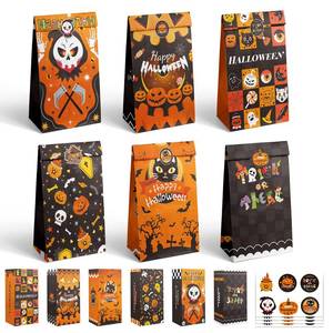 lot 110452 image: qiqee 60Pcs Halloween Black-Orange Candy Treat Paper Bags with 60 Stickers 5x3x9.5 Mini HWN Party Candy Goodie Snack Bags