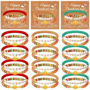 lot 110467 image: Huquary 12 Set Thanksgiving Fall Bracelets with Card Thanksgiving Party Favors Pumpkin Clay Beaded Stretch Stackable Bracelets Fall Charm Pumpkin Jewelry Set for Women Party Supplies