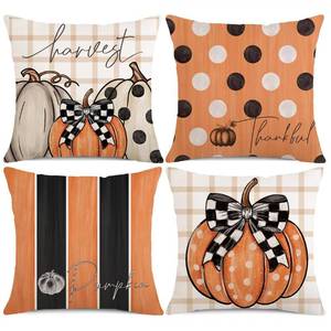 lot 110475 image: Faromily Fall Pillow Covers 16x16 Inch Set of 4 Stripes Polka Dots Buffalo Plaid Pumpkin Pillows Decorative Autumn Thanksgiving Harvest Thankful Throw Pillows Cushion Case Fall Decor F057-Orange 16