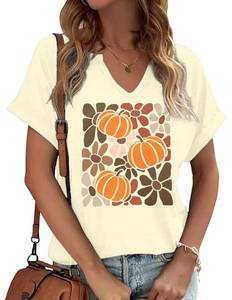 lot 110476 image: Fall Pumpkin Shirts for Women Cute Pumpkin V Neck Shirt Thanksgiving Graphic Tees Halloween Pumpkin Tops size large