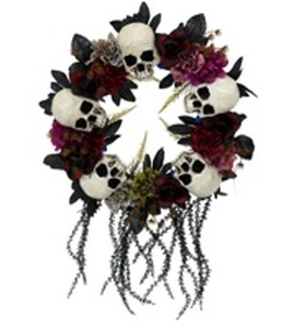 lot 110494 image: Haunted Hill Farm 24-In. Hanging Wreath with Skulls, Fall Flowers, and Vines