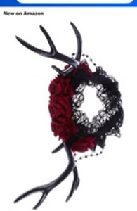 lot 110497 image: Decorative Antler Headpiece with Red Roses and Black Lace -