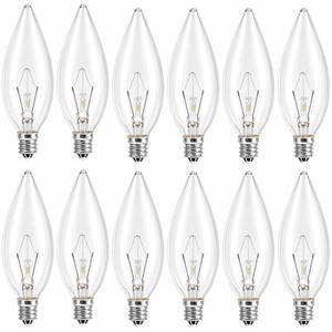lot 10616 image: MEQIQTEK E12 60 Watt Incandescent Candle Light Bulbs, Chandelier Light Bulbs for Ceiling Fan, Vanity, Outdoor - Warm White 2500K, 600 Lumen Dimmable B10 Clear Candelabra Base Bulbs (12 Pack)