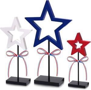 lot 10720 image: Yssreey 4th of July Patriotic Table Decoration 3 Pcs Wooden Star Tabletop Tray Decor Star Freestanding Table Wooden Signs for Independence Day Home Party Supplies