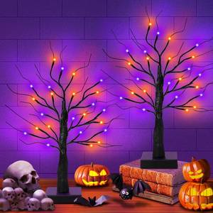 lot 10721 image: Timer 2 Pack 24 Inch Black Halloween Tree with Orange Purple Lights, USBBattery Operated Light Up Halloween Table Decorations, Spooky Halloween Decorations Indoor Home Mantle Room Party Decor