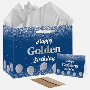 lot 10733 image: EIGHTSTATES Blue Silver Happy Golden Birthday Gift Bag - Golden Birthday Party Favors Bag with Card & Tissue Paper for 21st, 30th, 40th, 50th Bday Decorations Supplies