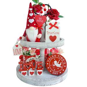 lot 10755 image: KnomeKo 8Pcs Valentines Day Tiered Tray Decor Set - Valentines Gnomes, Wood Love Signs, Wooden Beads Garland - Farmhouse Valentines Day Decorations for Home Table