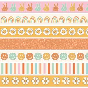 lot 107563 image: AnyDesign 80Ft Groovy Retro Bulletin Board Borders Boho Rainbow Flower Face Trim Borders for School Classroom Office Decor
