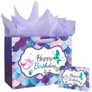 lot 107569 image: ENERFLAT Mermaid Gift Bag Set - 13-Inch Little Mermaid Birthday Bag with Tissue Paper & Card, Perfect Party Favors & Supplies, Gift Bags for Birthday Party & Celebrations
