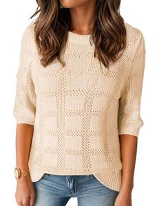 lot 107585 image: Cnlinkco Womens 34 Sleeve Knit Tops Dressy Casual Crochet Shirts Trendy Fall Lightweight Sweater Pullover Begie L Cream