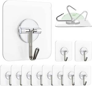 lot 107618 image: Zulaxy 20 Pack Wall Hanging Hooks for Wall without Drilling, Self Adhesive Hooks for Wall Heavy Duty Strong Nail Free, Kitchen Accessories Items (Hanging Hook, Transparent) Stainless Steel